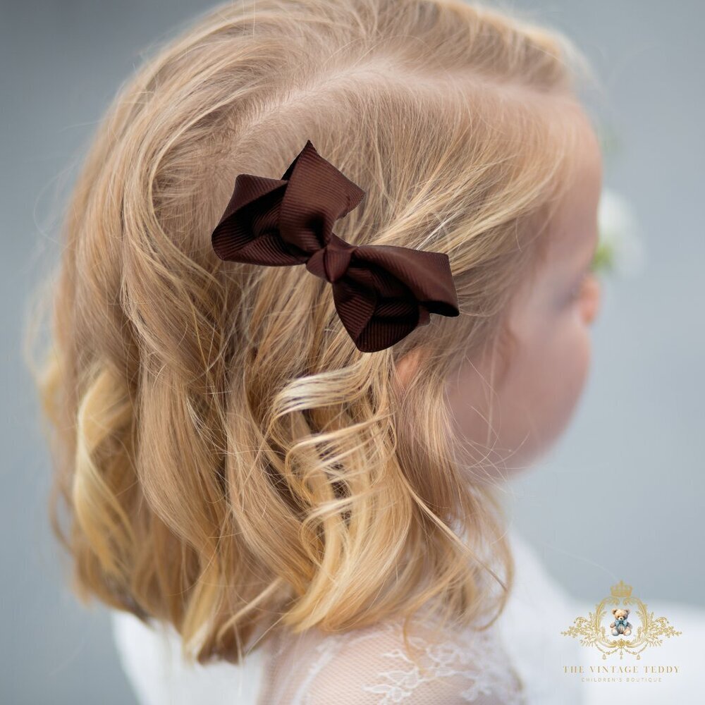 Set of 2 Pretty Girls Hair Bows Grosgrain Ribbon Hair Clips Kids Accessory Brown - Picture 1 of 5